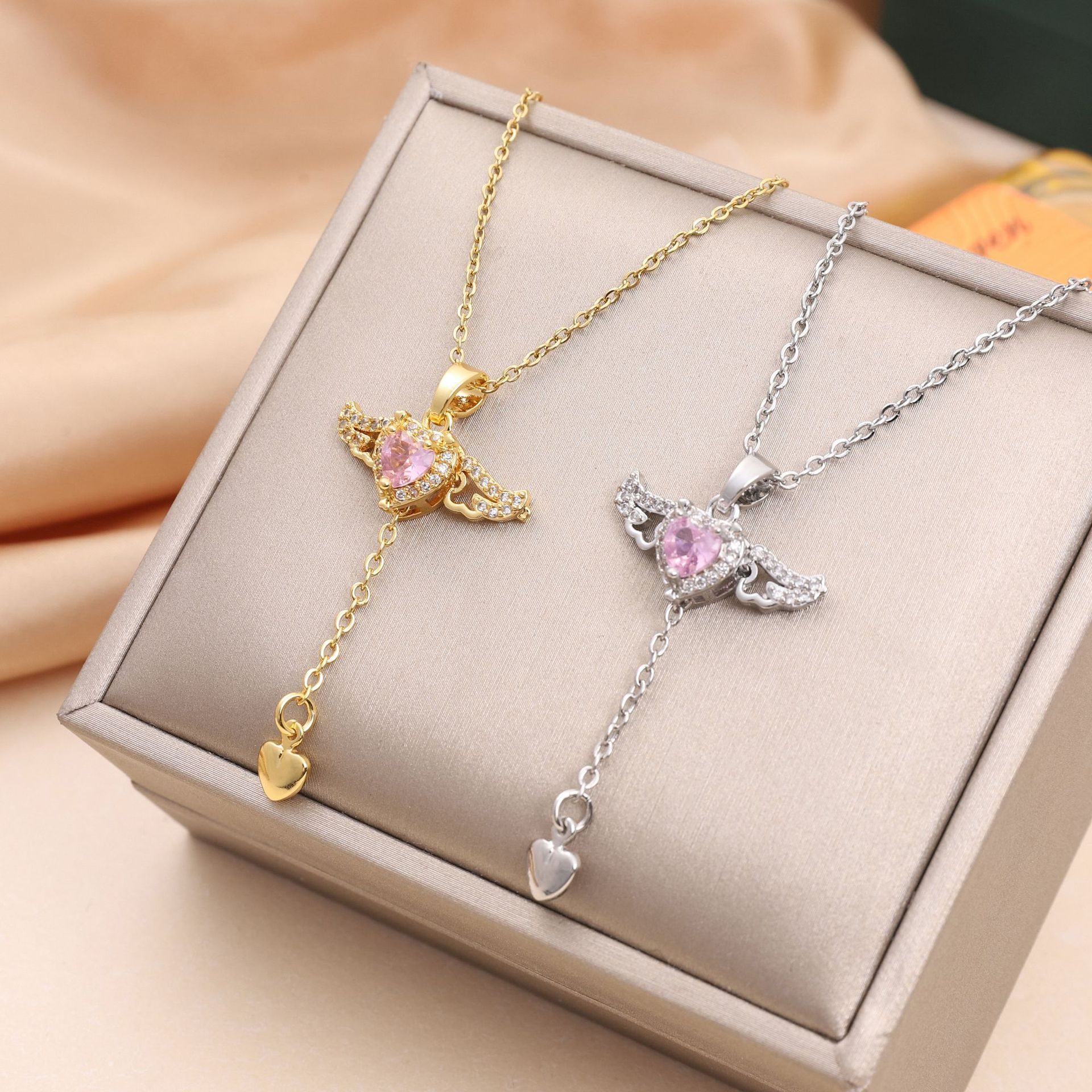 Romantic Cupid Heart & Angel Wings Crystal Necklace