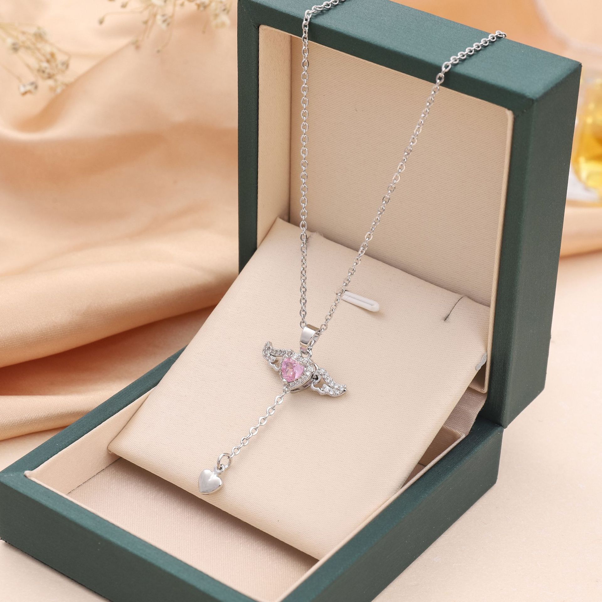 Romantic Cupid Heart & Angel Wings Crystal Necklace